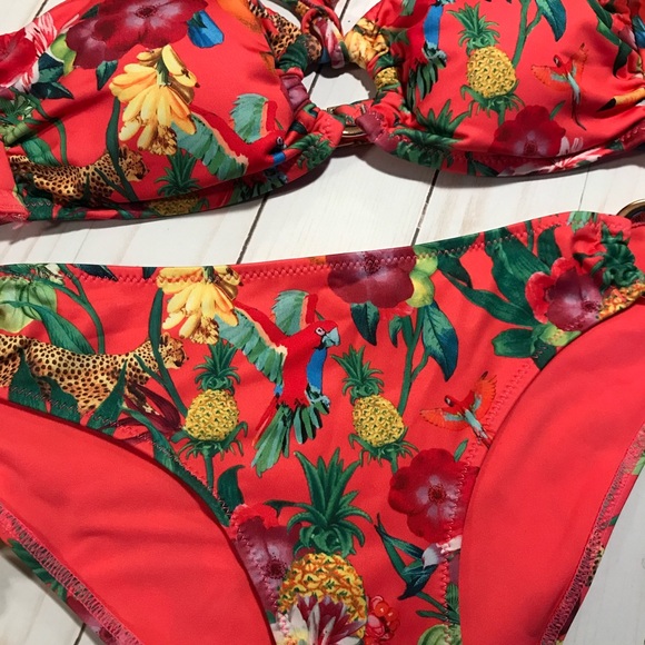 Hot Coral Pink Tropical Print 2 pc Bathing Suit 8 - Picture 9 of 14